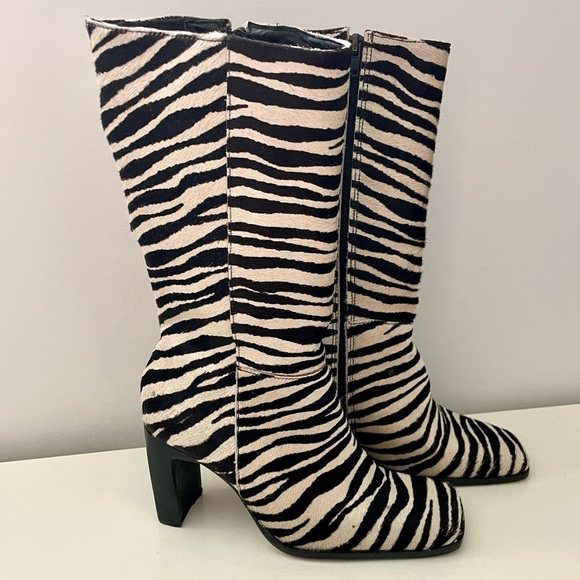 Y2K Vintage Square Toe Zebra Print Leather Boots Heels Size 6.5 Bruno Valenti - Picture 1 of 9